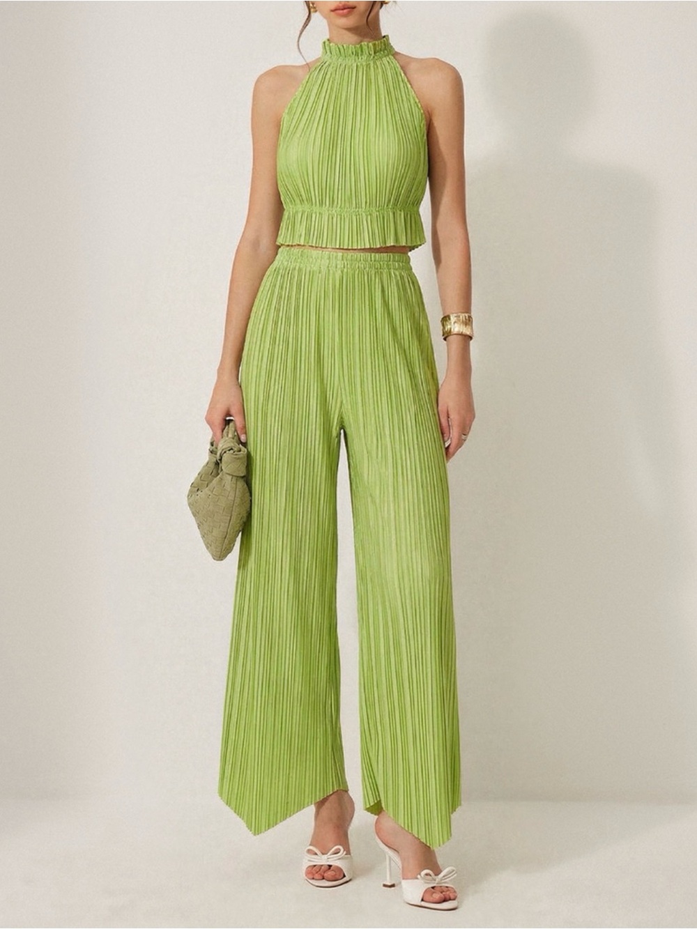 Women’s Lime Green Pleated Wide-Leg Pant Set